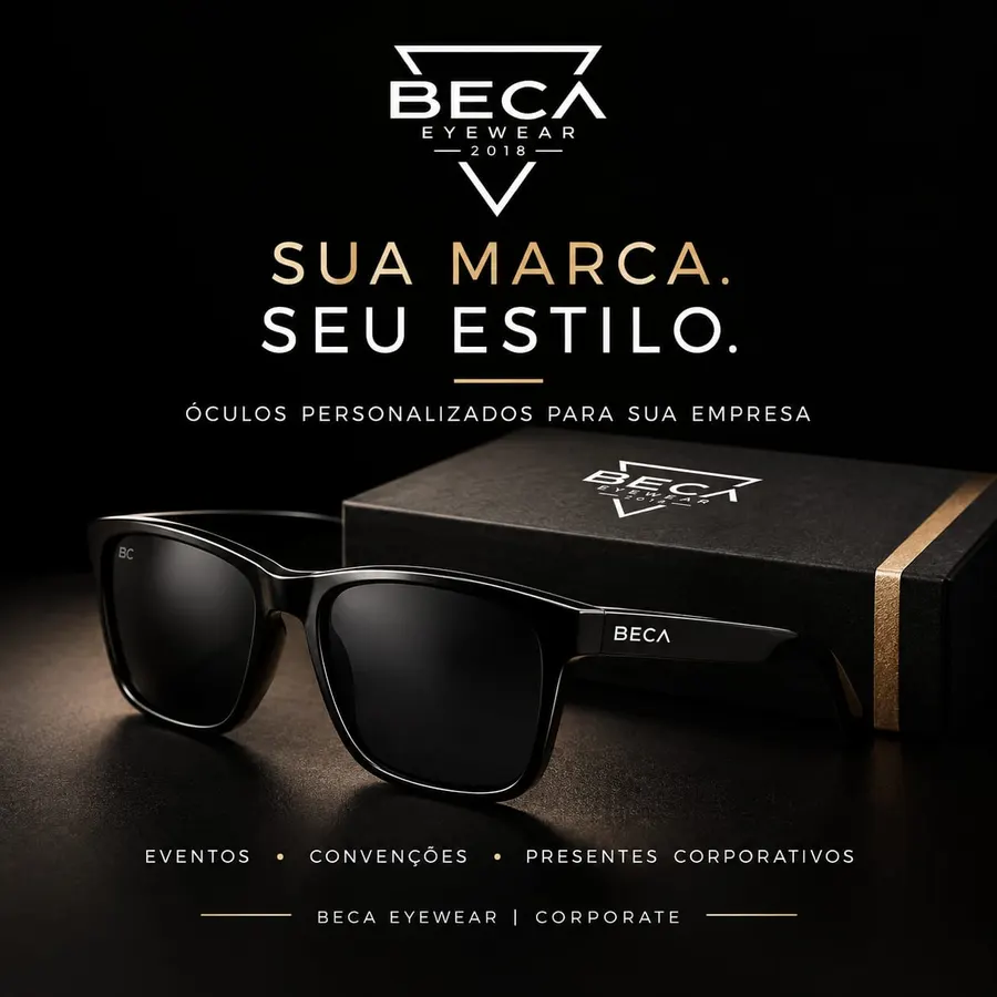 Óculos de sol preto com a marca na haste, ao lado de uma caixa preta e dourada.
