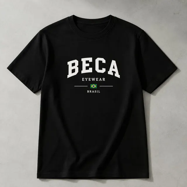 Camiseta preta com BECA Eyewear Brasil e a bandeira do Brasil estampados no peito